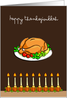 Thanksgivukkah, roasted turkey & pumpkin beside candles on menorah card