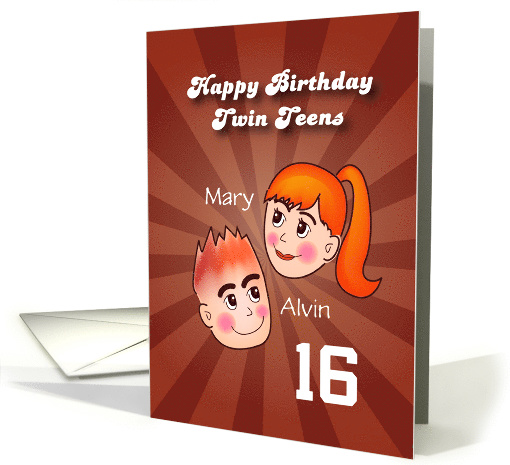 Happy Birthday twin teens, two cartoon boy & girl head,... (1181920)
