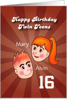 Happy Birthday twin teens, two cartoon boy & girl head, custom front card