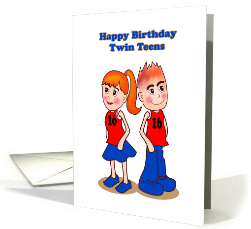 Happy Birthday twin teens, cartoon boy & girl with 16 on... (1181922)