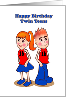 Happy Birthday twin teens, cartoon boy & girl with 16 on the t-shirt card