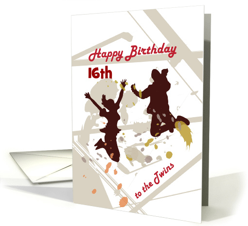 Happy Birthday twin teens, two silhouette boy & girl jump up card