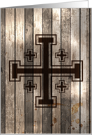 A Jerusalem cross symbol overlay on a wooden background card