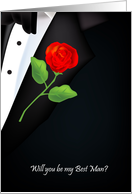 will you be my best man, red rose, boutonniere card