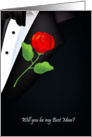 will you be my best man, red rose, boutonniere card