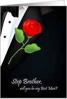 will you be my best man, red rose, boutonniere, step brother card