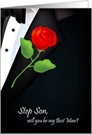 will you be my best man, red rose, boutonniere, step son card