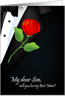 will you be my best man, red rose, boutonniere, dear son card
