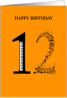 happy birthday, 12, piano and notes card