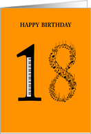 happy birthday, 18, piano and notes card
