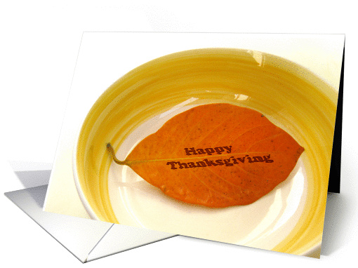 Happy Thanksgiving, autumn leafs with text on it in the bowl card