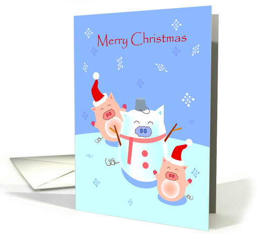 Merry Christmas, two piggies playing with pig snowman card (883311)