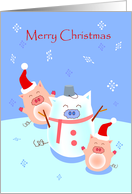 Merry Christmas, two piggies playing with pig snowman card