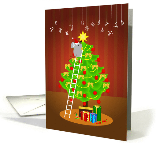 a little mouse puts a star on top of the christmas tree card (883312)