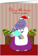 Merry Christmas to new hippopotamus grandma hold a baby card
