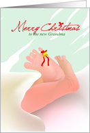Merry Christmas to new grandma, baby legs tie with red ribbon & bells card