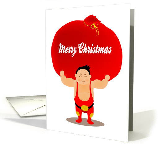 Merry Christmas, a big bag on wrestler boy's shoulder card (888090)