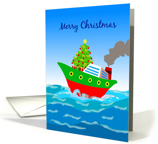 Merry Christmas, cruise line with christmas tree and gifts card