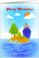 Merry Christmas, cruise line, christmas tree and chair on a island card