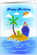 happy birthday, cruise line, cake and chair on a island card