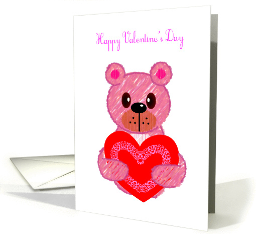 happy valentine's Day, pink bear hold a love shape pillow card