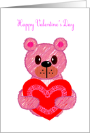 happy valentine’s Day, pink bear hold a love shape pillow card