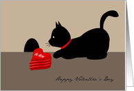 Happy Valentine’s Day, a black cat with hearts that say be mine. card