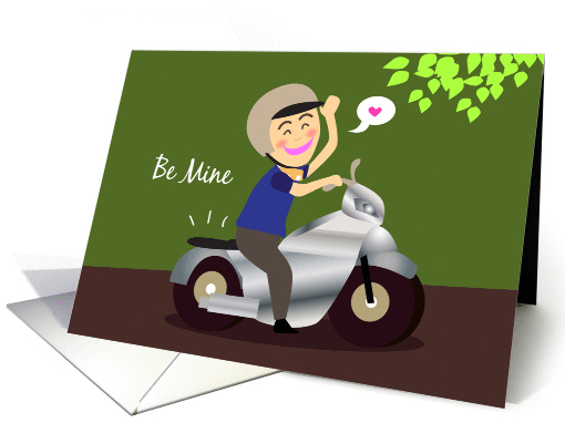 motorcycle valentine, be mine, a young man ask's to give a ride. card