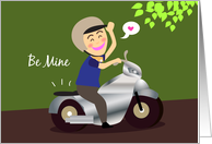 motorcycle valentine, be mine, a young man ask’s to give a ride. card