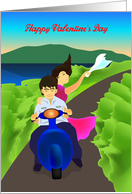 motorcycle valentine, a couple ride on a motorcycle on a road card