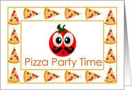 pizza party time, invitation, tomato cartoon face card