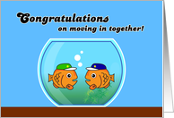 Congratulations on moving in together! 2 fishes with boy cap card