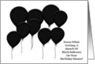 Over the Hill Birthday, black balloons on white background card