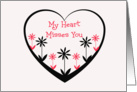 My heart misses you, red & black flowers in open black heart card