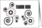 Thank You, white & black flowers, swirls on white card