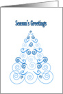 Season’s Greetings, Christmas Tree of Scrolls in blue card