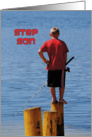 Step Son’s Birthday, boy fishing from stump card