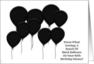Over the Hill 40th Birthday, black balloons on white background card