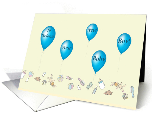 Welcome New Baby Boy, baby toys and blue balloons card (1011067)