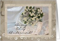 Chief Bridesmald, bouquet on Wedding dress card