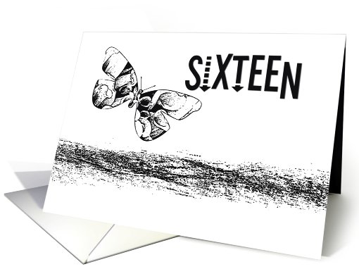 16th Birthday, black & white butterfly card (463633)