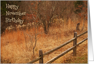 Happy November Birthday, fall scene with fence card