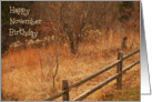 Happy November Birthday, fall scene with fence card