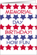 Memorial Day Birthday, red & blue stars on white & white card