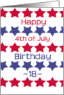 18th birthday on 4th of July, red and blue stars card
