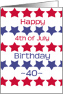 40th birthday on 4th of July, red and blue stars card
