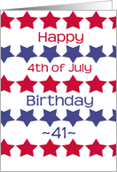 41st birthday on 4th of July, red and blue stars card