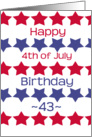 43rd birthday on 4th of July, red and blue stars card