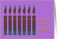 Happy 70th Birthday, two multi-colored candles card