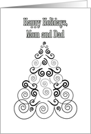 Happy Holidays Mom and Dad, Christmas Tree of Scrolls in black and white card